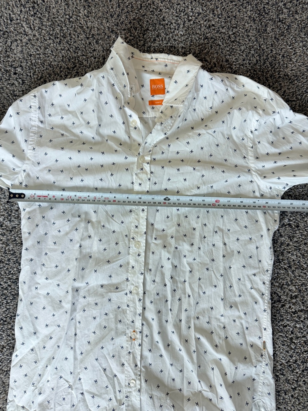 BOSS White Short-Sleeve Button-Down Shirt with Navy Micro Print
